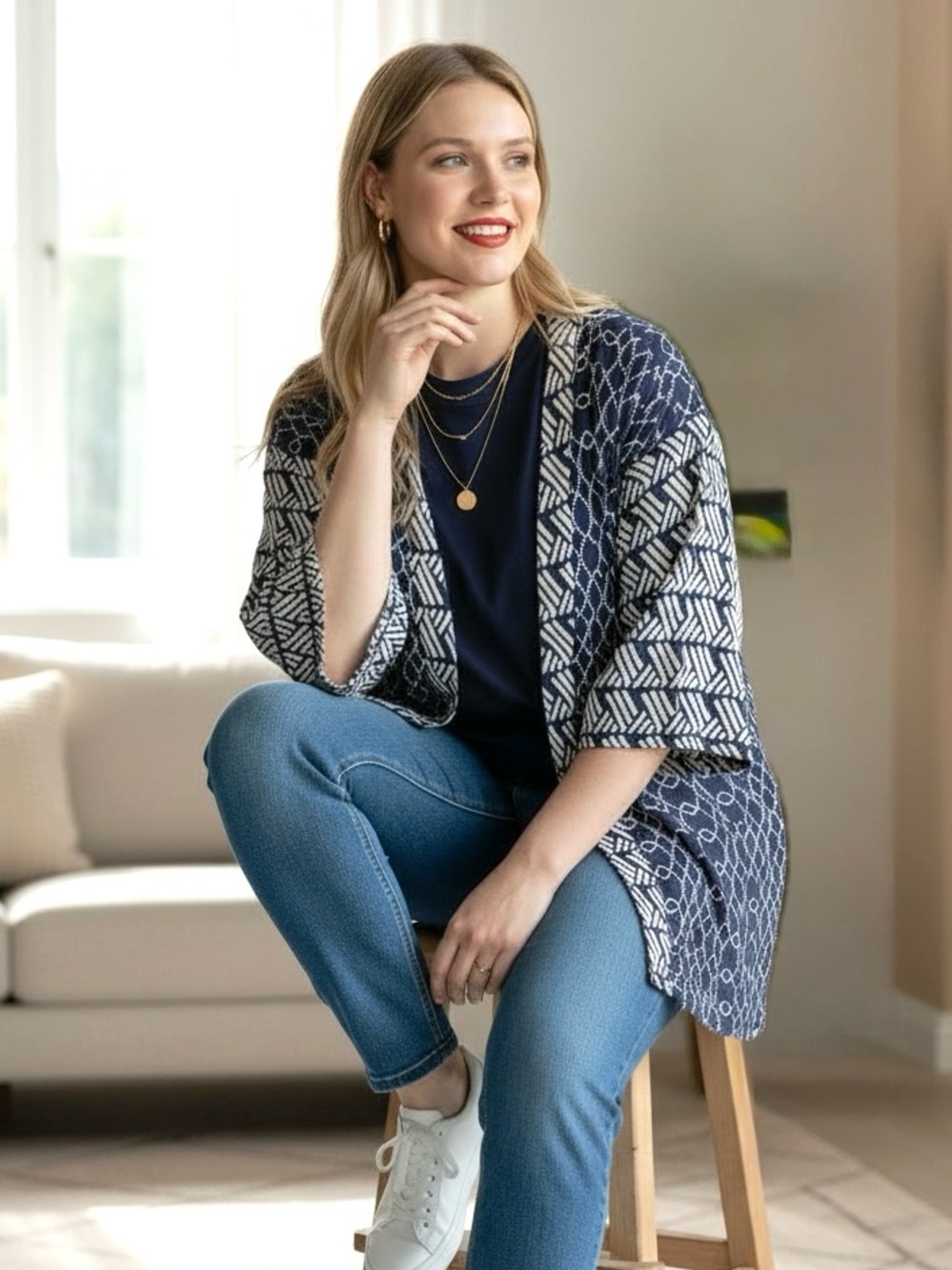 Pennington’s Blue Embroidered Geometric Open-Front Cardigan, 4X